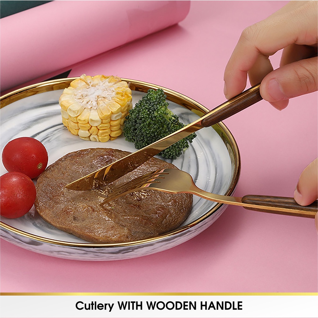 CROWN Sendok Garpu Pisau Kecil Teh Alat Makan Sujeo Korea Spoon Fork Knife Tebal Stainless Emas Tebal Gold Korea Premium Food Grade Handle Kayu
