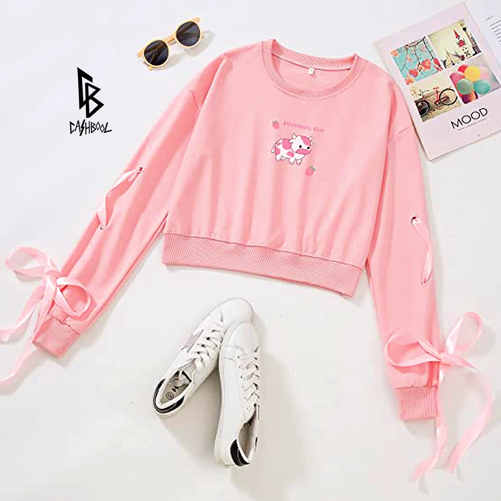 CASHBOOL Crop Crewneck Strawberry Cow Print Tali Pita Sweater Basic Polos ALL SIZE &amp; BIG SIZE