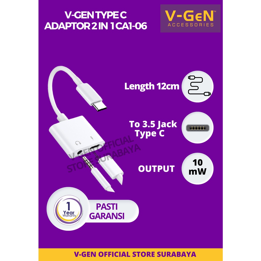 Digital Audio Converter V-GeN CA1-06 2 in 1 Type C to 3.5mm Jack Port