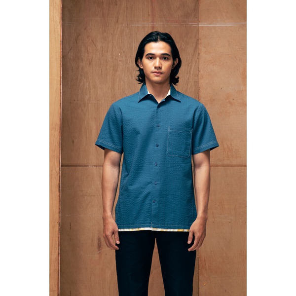 bateeq - Kemeja Batik Print katun Pria lengan pendek Navy