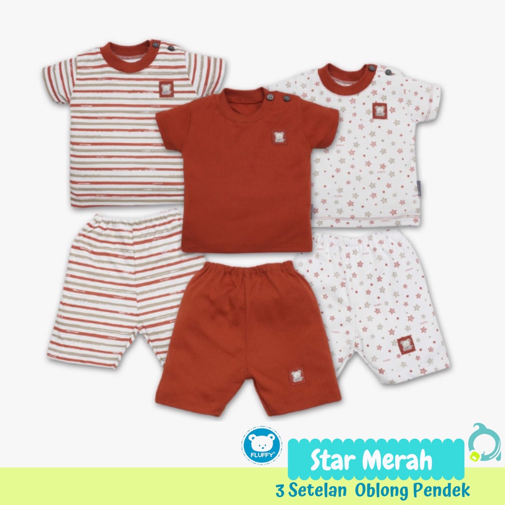 FLUFFY Stelan Pendek | Panjang Bis Motif Star Merah Size S | M | L (3 stel/pack)