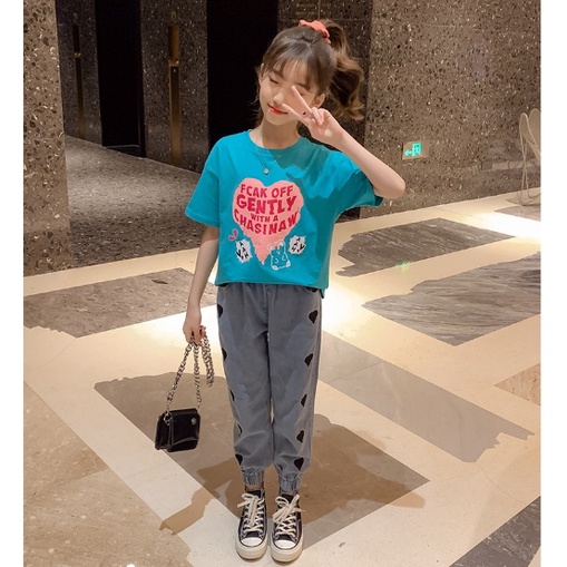 Setelan anak PEREMPUAN CROP SET import GENTLY LOVE + CELANA JEANS TEBAL KEKINIAN setelan anak teenager set anak tanggung