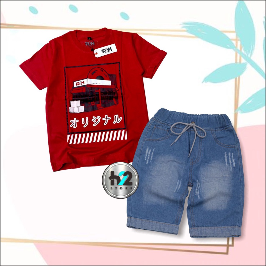 Setelan Anak Celana Jeans / Setelan Jeans Anak Laki Laki /  Setelan Kaos Distro Anak Celana Jeans Pendek Usia 3-12 Tahun / By H22Story