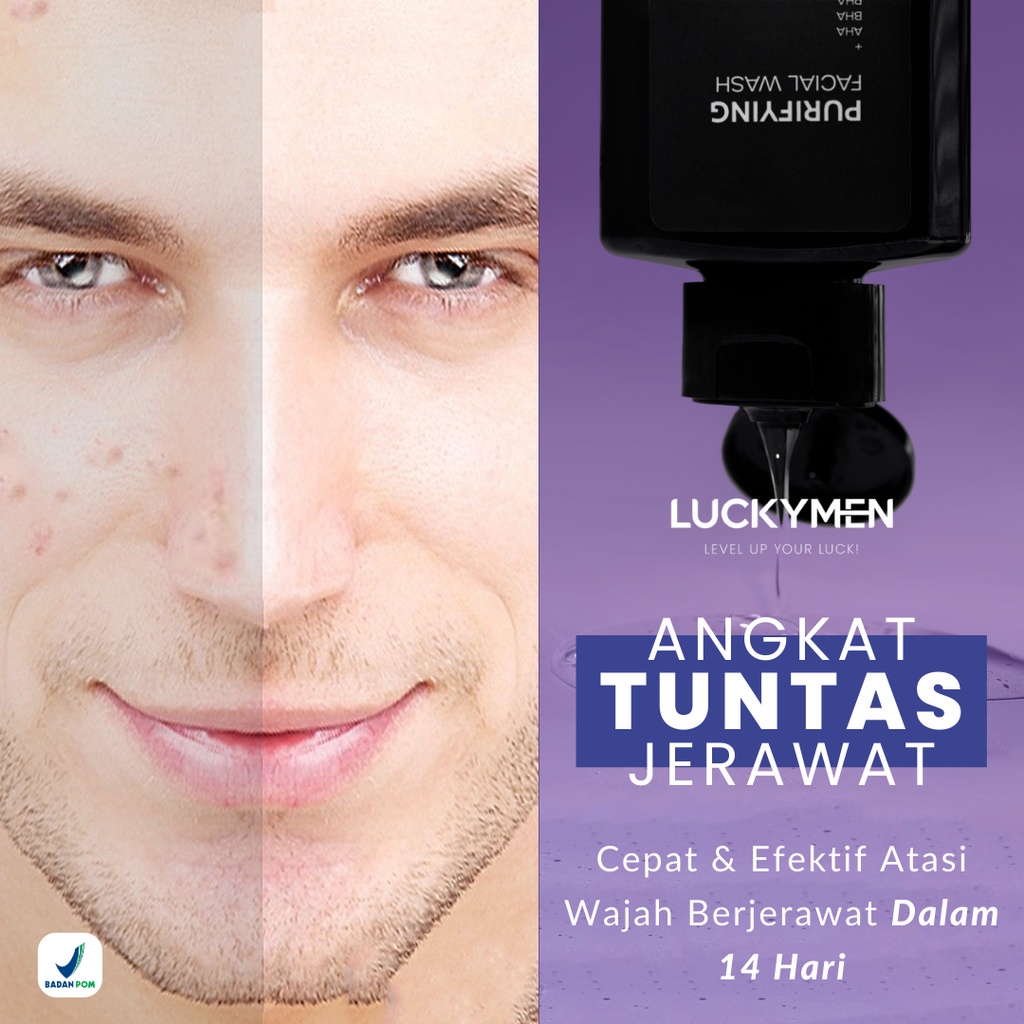 Sabun Muka Menyembuhkan Mencegah Membersihkan mengurangi Meredakan jerawat kemerahan Iritasi Minyak belebih Kotoran Noda Pori Pori Kulit Wajah Luckymen Purifying Facial Wash Skincare pria Ampuh Original BPOM