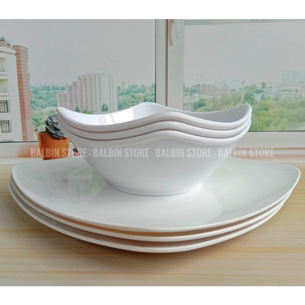 PROMO PAKET HEMAT 6 PCS ISI PIRING SAJI 9&quot; MELAMINE DAN MANGKUK KOTAK 6&quot; INC MELAMIN - Food Grade