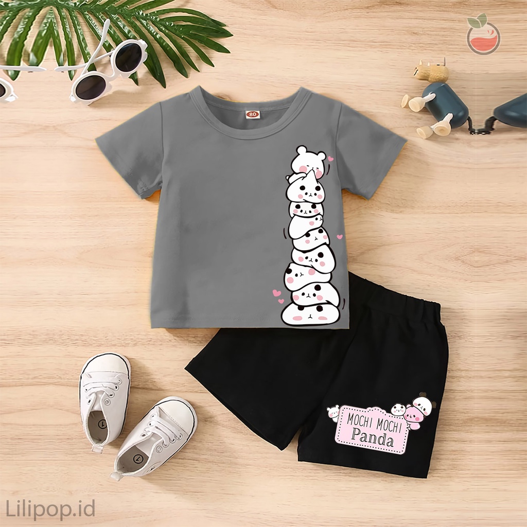 Baju Anak Stelan Kaos 3/4  MOCHI PANDA Cowok Cewek  Usia 1 - 4 Tahun Celana Pendek Harian