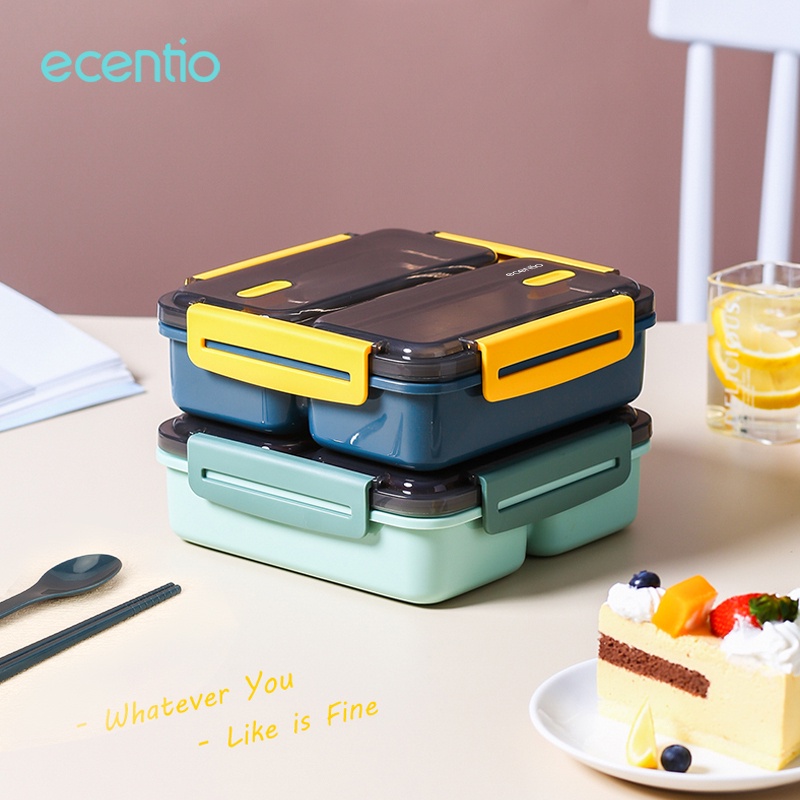 ecentio Kotak Makan Anti Tumpah 3 Grid 1100ml Dengan Free Sendok Dan Garpu Makan Bento Kotak Lunch Box