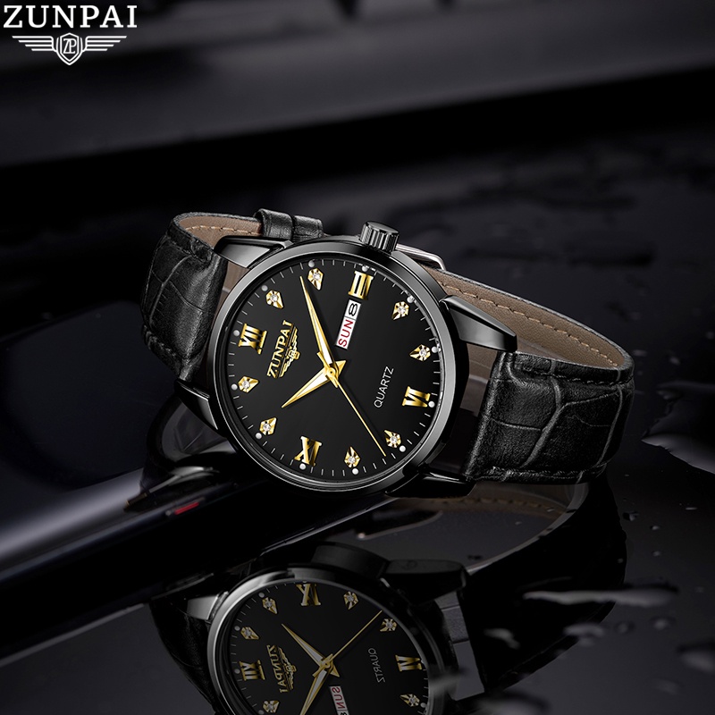 New- ZUNPAI Jam Tangan Pria Asli Anti Air Kalender Bercahaya Bisnis Baja Tahan Karat Emas Jam Tangan
