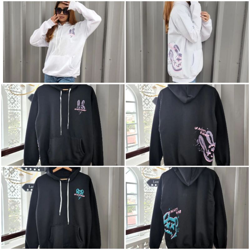graffiti bear hoodie sweater/graffiti rabbit kelinci putih/sweater hoodie tebal hangat bagus/sweater