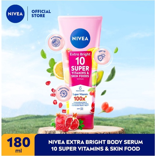 NIVEA Extra Bright Body Serum 10 Super Vitamin &amp; Skin Food + Niacinamide SPF15 180mL | Menyamarkan Flek Hitam dalam 7 Hari