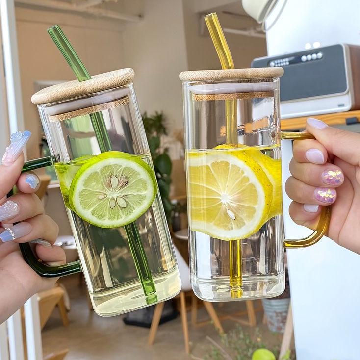 Stok terbaru Tutup Bambu Dan Sedotan Gelas Tumbler Aesthetic Gelas Minum Kaca Gelas susu / gelas jus