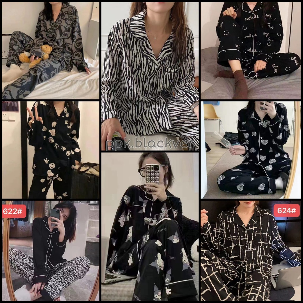 RULIF Oneset Baju Tidur Wanita import lengan panjang/piyama bobo wanita Blackver