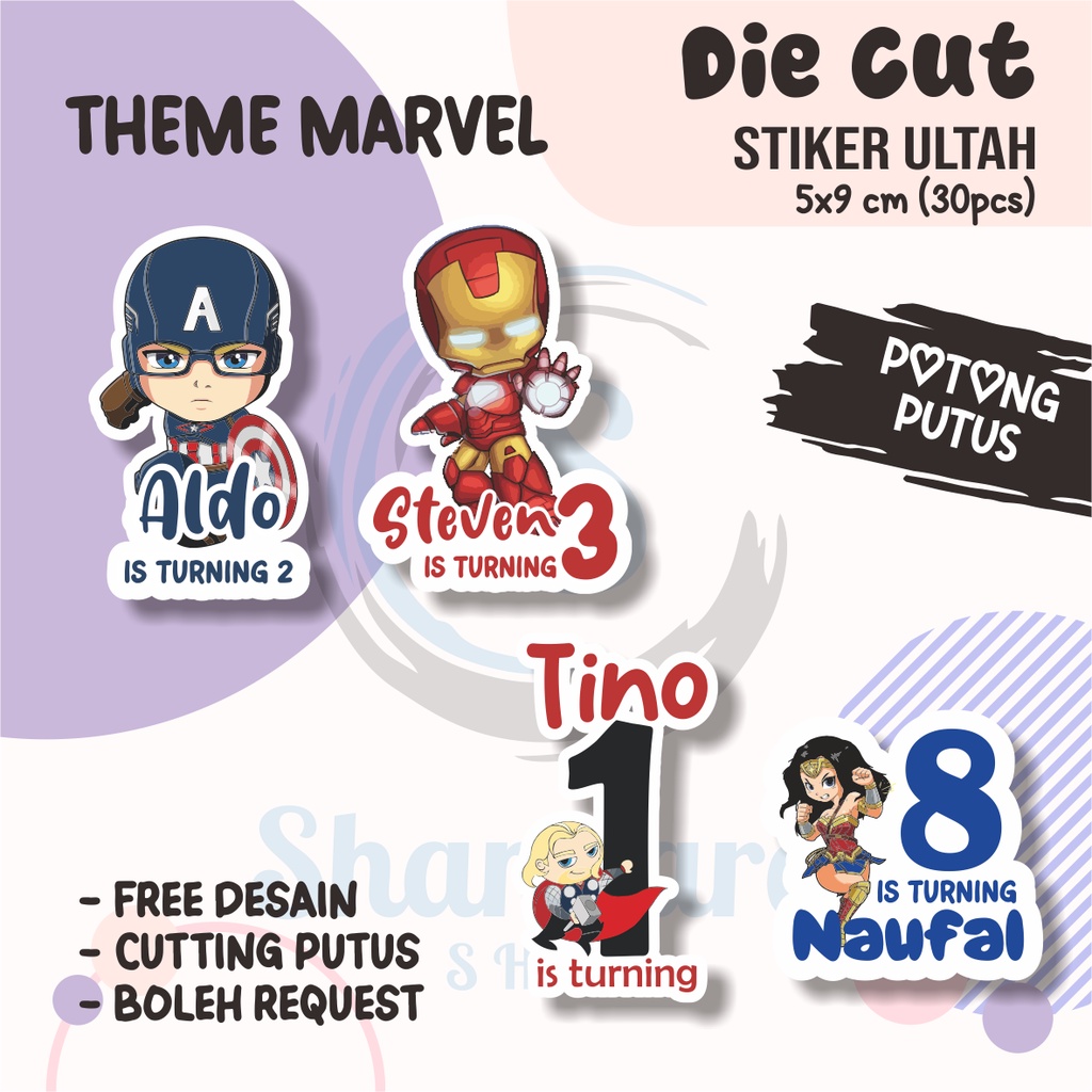 

( 30 PCS ) Stiker Ulang Tahun Anak THEME MARVEL / Stiker Ulang Tahun DIE CUT / Stiker Ulang Tahun Custom / Stiker Ultah Waterproff