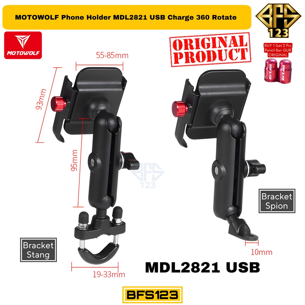 MOTOWOLF Phone Holder MDL2821 USB Charging 12-24V 360 Rotate Holder HP Bracket Stang Spion