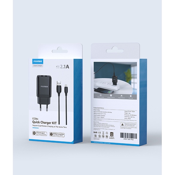 Charger Foomee  CC06s 2.1A Dual Port Travel Charger + 1m Lightning Charging Cable CC06S Charger