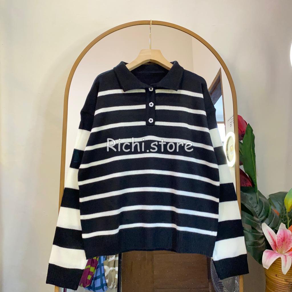 NAOMI POLO BLOUSE RAJUT MOTIF GARIS TERBARU