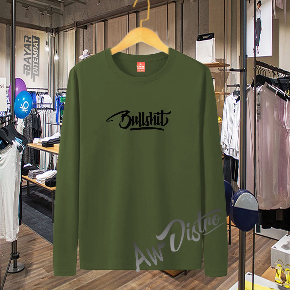 COD Baju Kaos Distro BULLSHIT Teks Hitam Premium Quality Lengan Panjang Kaos Tulisan Kaos Kata-Kata Kaos Sablon Big Size