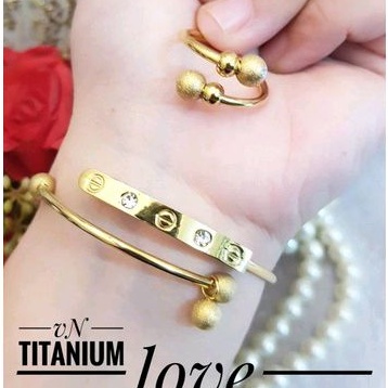 Gelang Set Cincin Boba Gold Titanium Terbaru Perhiasan Fashion Wanita Import Awet Anti Karat 403a3