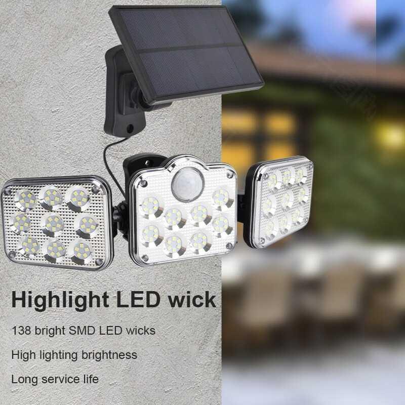 Lampu Dinding Solar Double Sensor Three Head 138 LED Cool White - JD-2858A - Black