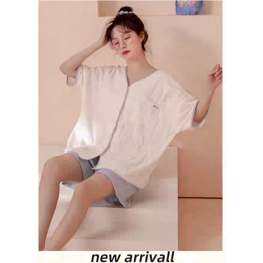 Baju tidur piyama hotpant kra v kancing bahan kaos prisket