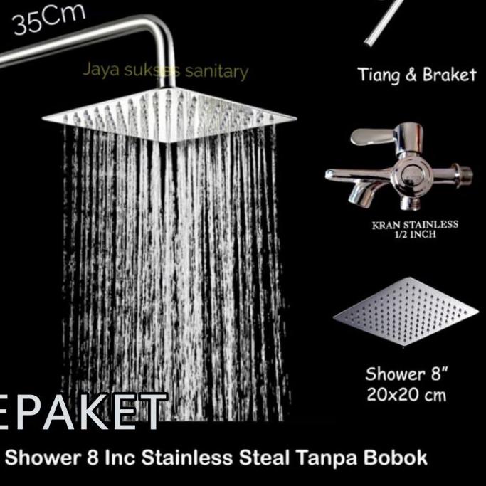➯ Shower Kamar Mandi Rainfall 8 inch Stainless Satu Set  / Shower mandi Tanpa Bobok Gratis Kran Caba