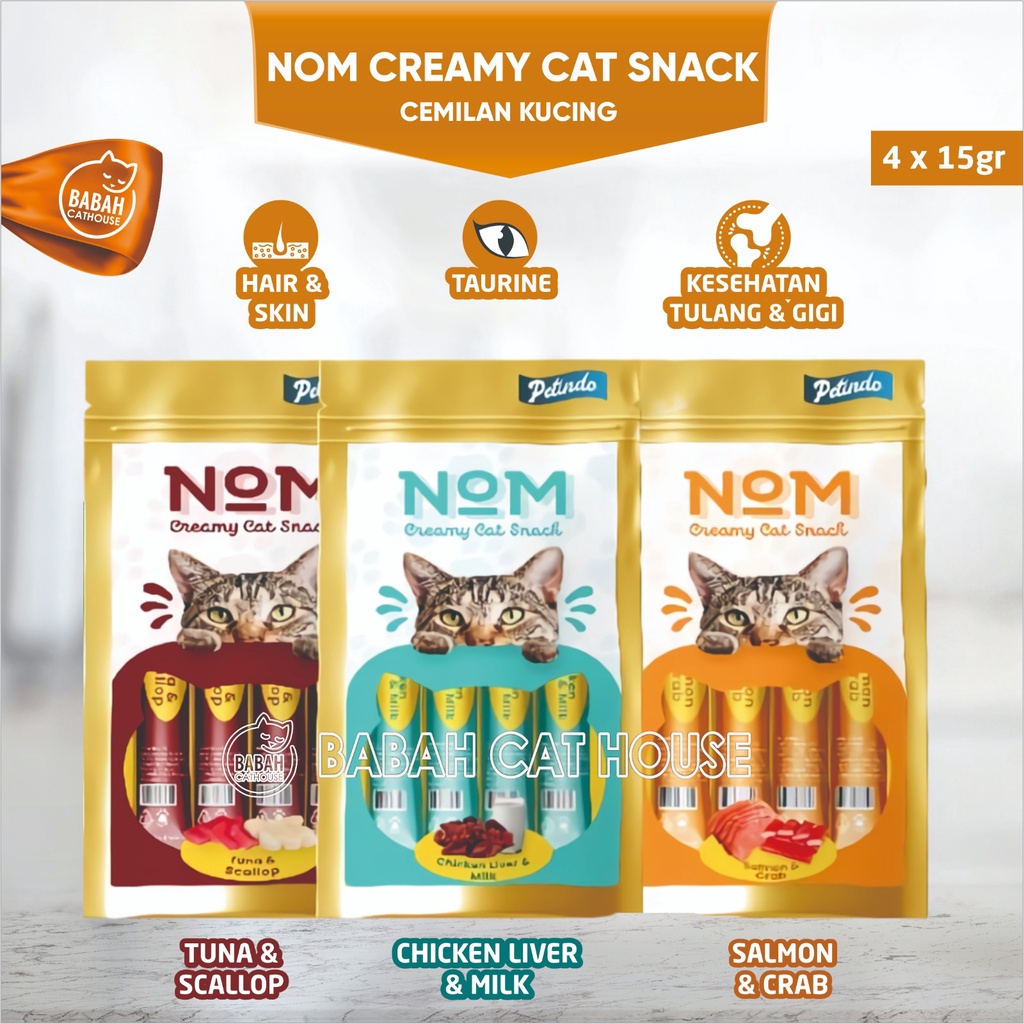NOM Cat Treats 15gr x 4pcs Makanan Snack Cemilan Kucing Luquid Creamy Treat untuk Anak Kitten Dewasa