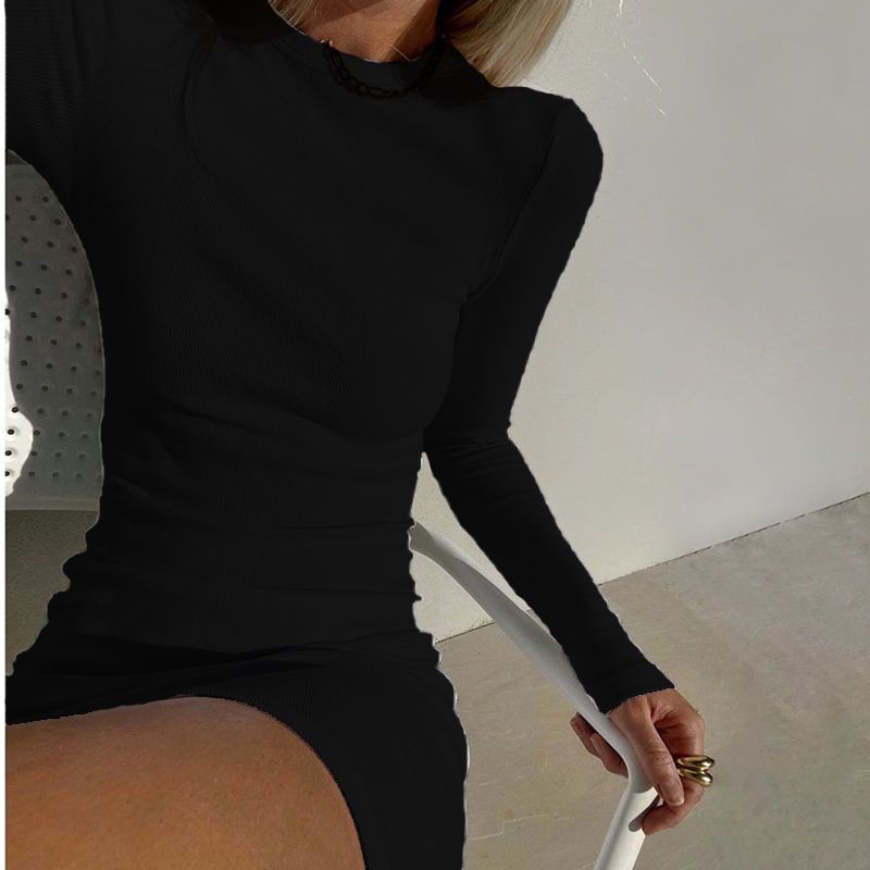 Red Xeemilo leher bulat bergaris rajutan ramping lengan panjang gaun wanita musim gugur fashion retro temperamen rok A-line ramping