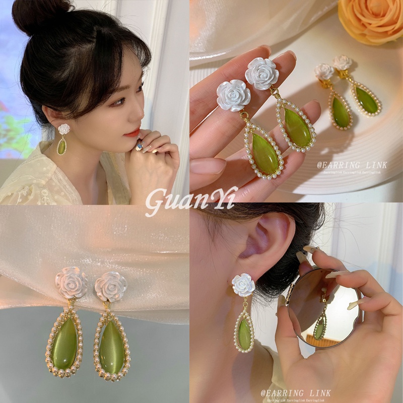 Musim Panas Anting Hijau Baru Mutiara Bunga Stud Earrings Fashion Wanita Earrings