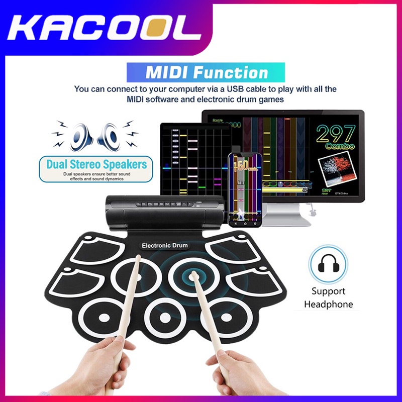 Drum Elektronik Digital Drum Kit 9 ​​Bantalan Drum Dapat Dilipat Dengan Fungsi MIDI Dapat Dihubungkan Ke Komputer