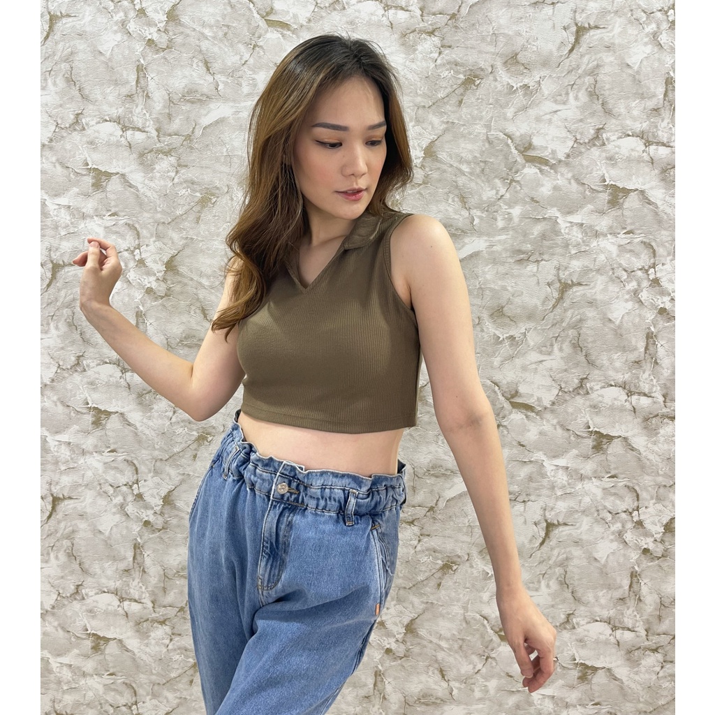 MODAVIE - JISOO TANKTOP Korea Knit Polo Crop Tank Top Kerah Wanita Basic Tee