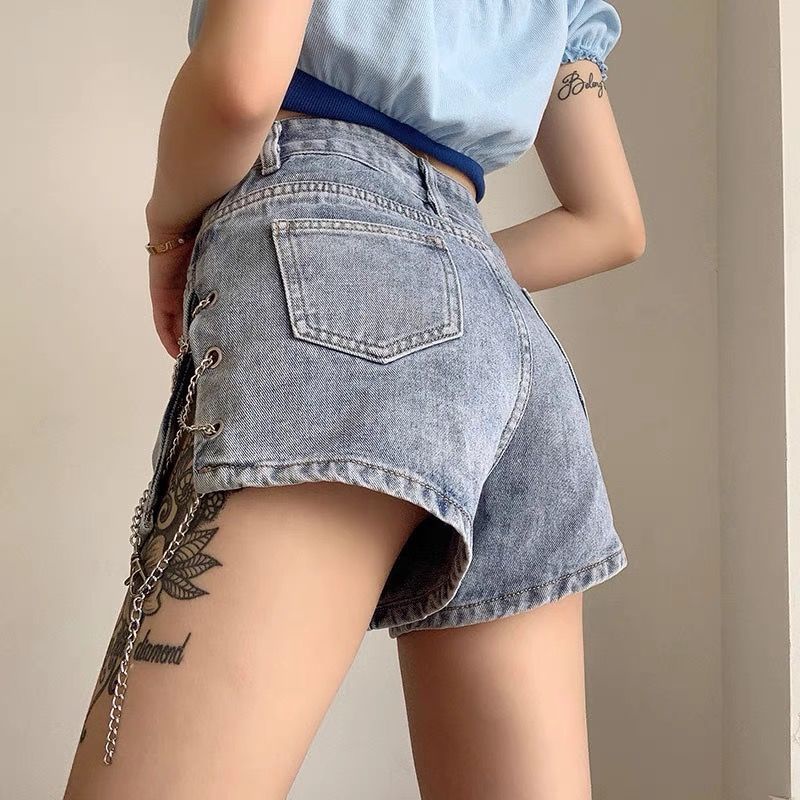 Red Ukuran Besar Rantai Celana Pendek Denim Wanita 2021 Baru Adik Gemuk Mm Celah Tinggi Pinggang Hot Pants Eropa dan Amerika gadis Panas Tren