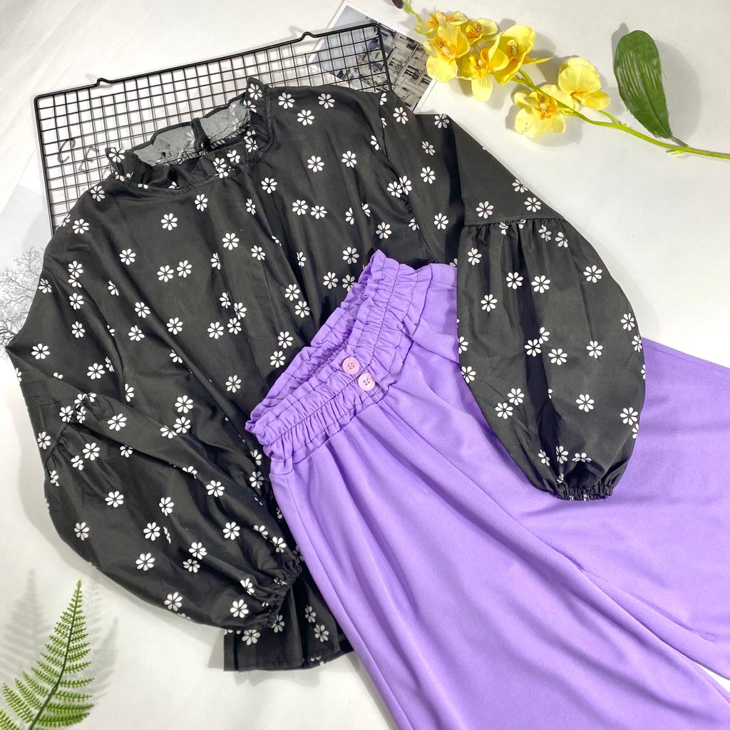 IL - SETELAN BYTHA MOTIF BUNGA TERBARU / ONE SET KULOT BUTTON 2 KANCING BAHAN CREPE PREMIUM-BYTHA HITAM+UNGU