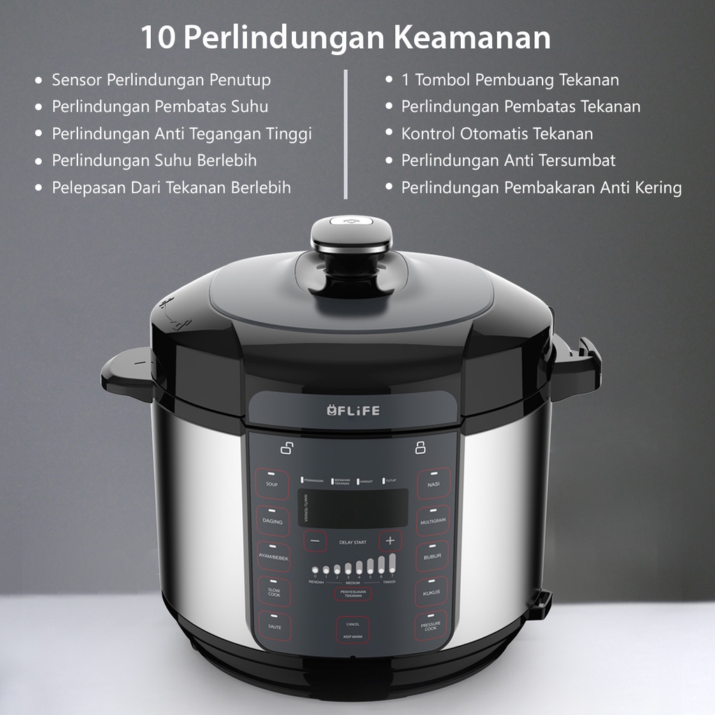 FLIFE PC05LB Pressure Rice Cooker Multifunction Electric 5 Liter-5L Panci Presto 7 Level Tekanan 10 Pilihan Menu Praktis