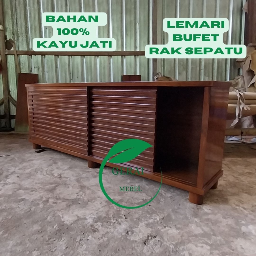 Bufet Minimalis Kayu Jati 2 Pintu Sleding, Lemari Rak Sepatu Modern
