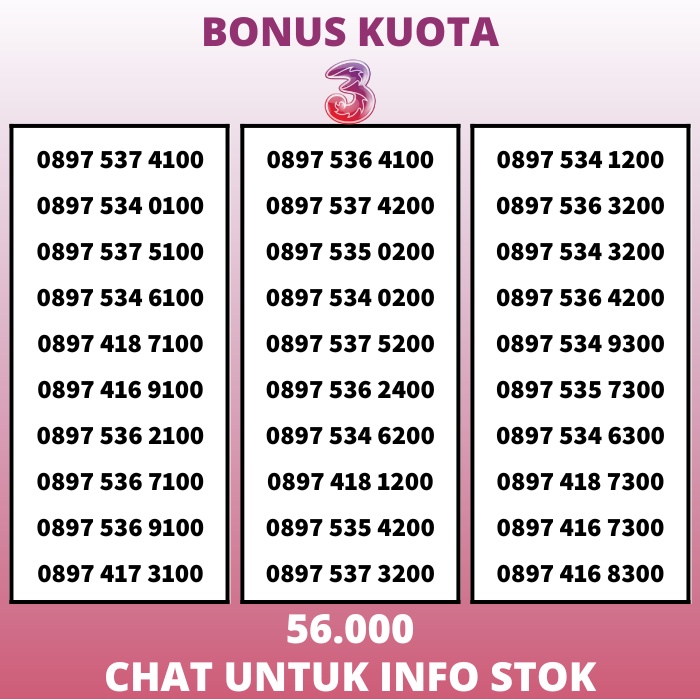 Nomor Cantik Three Kartu Perdana Tri Rapih Nasional Simcard 4G Bonus Kuota