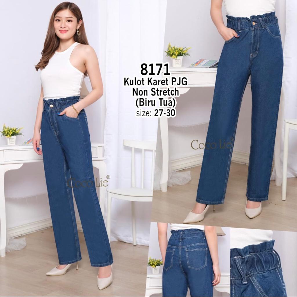 Celana Kulot High Waist Jeans Wanita 7073 - Navy Hitam Biru Muda 27-30