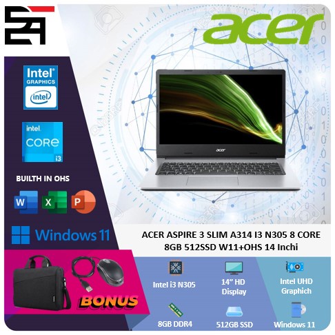 Acer Aspire 3 Slim A314 i3 N305 8GB 512GB SSD W11+OHS 14 Inchi