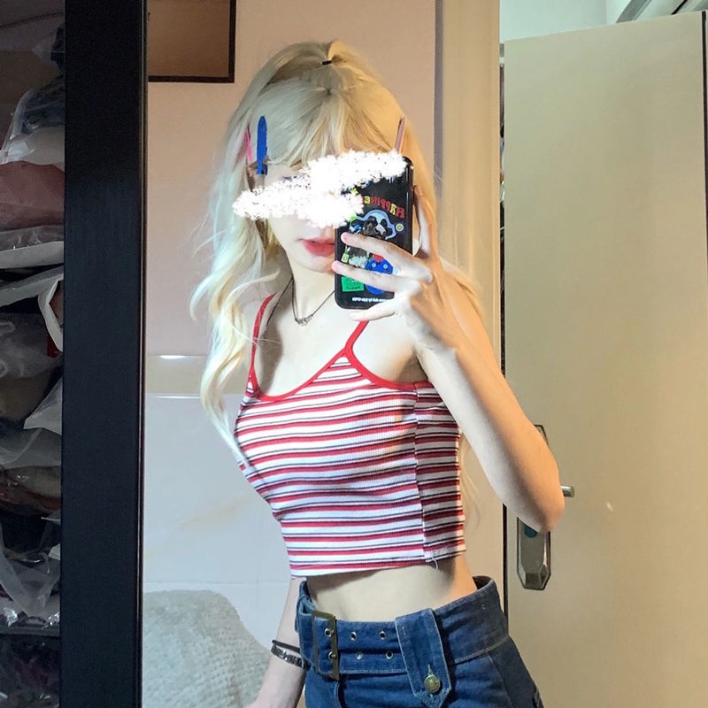 Red Pure Desired Hot Girl Striped Vest Kecil Suspender Wanita Musim Panas Pinggang Tinggi Ketat dan Tipis Pakaian Dalam dan Pakaian Luar Blus Pendek dengan Pusar