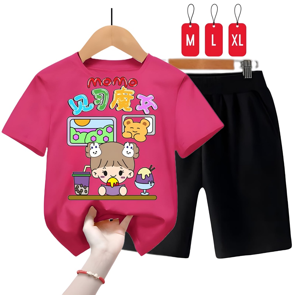 Hzl_outfit Baju Setelan Kaos Anak Perempuan Momo Trend/ Size M,L,XL