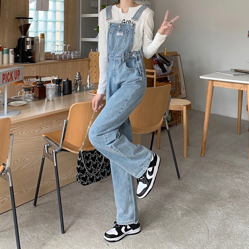 ✅COD Biru muda Overall Kaki Lebar Longgar Pinggang Tinggi Gaya Korea Wanita---Celana Kodok Jeans Wanita