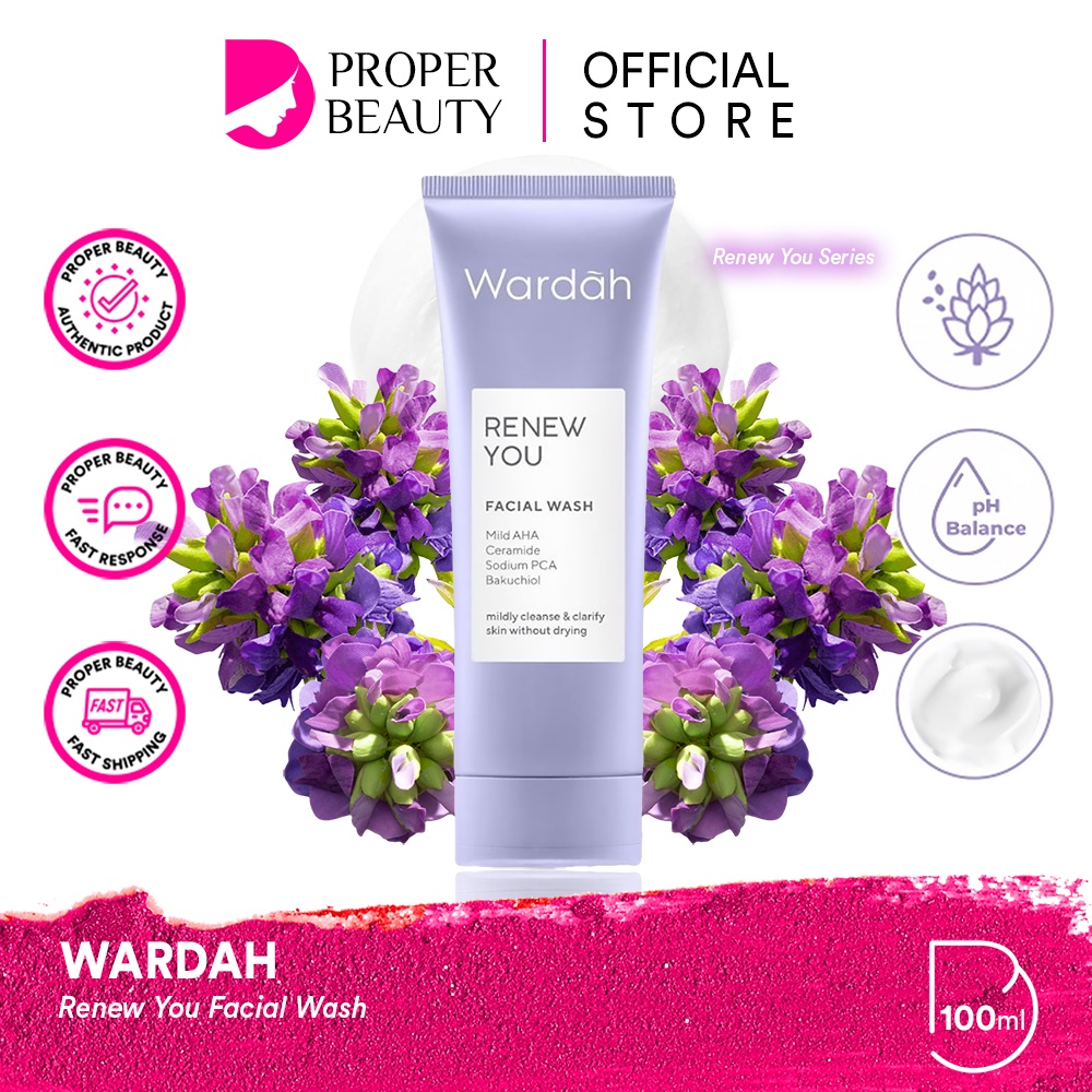 WARDAH Renew You Facial Wash Indonesia / Pembersih Wajah 100ml / Mild AHA Ceramide Sodium PCA Bakuchiol / Mildy Cleanse &amp; Clarify Skin Without Drying / Skincare Face Care / Cleanser Cleansing Sabun Bersih Cuci Muka / Re New Series Anti Aging Penuaan Dini