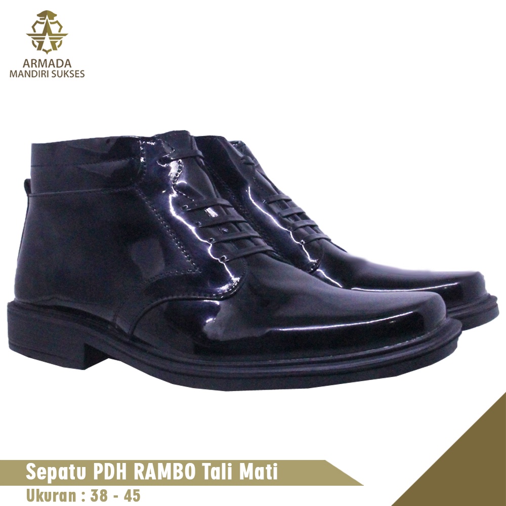 Sepatu PDH Rambo Tali Mati Kulit Mengkilap - Sepatu Kulit Tali Lux