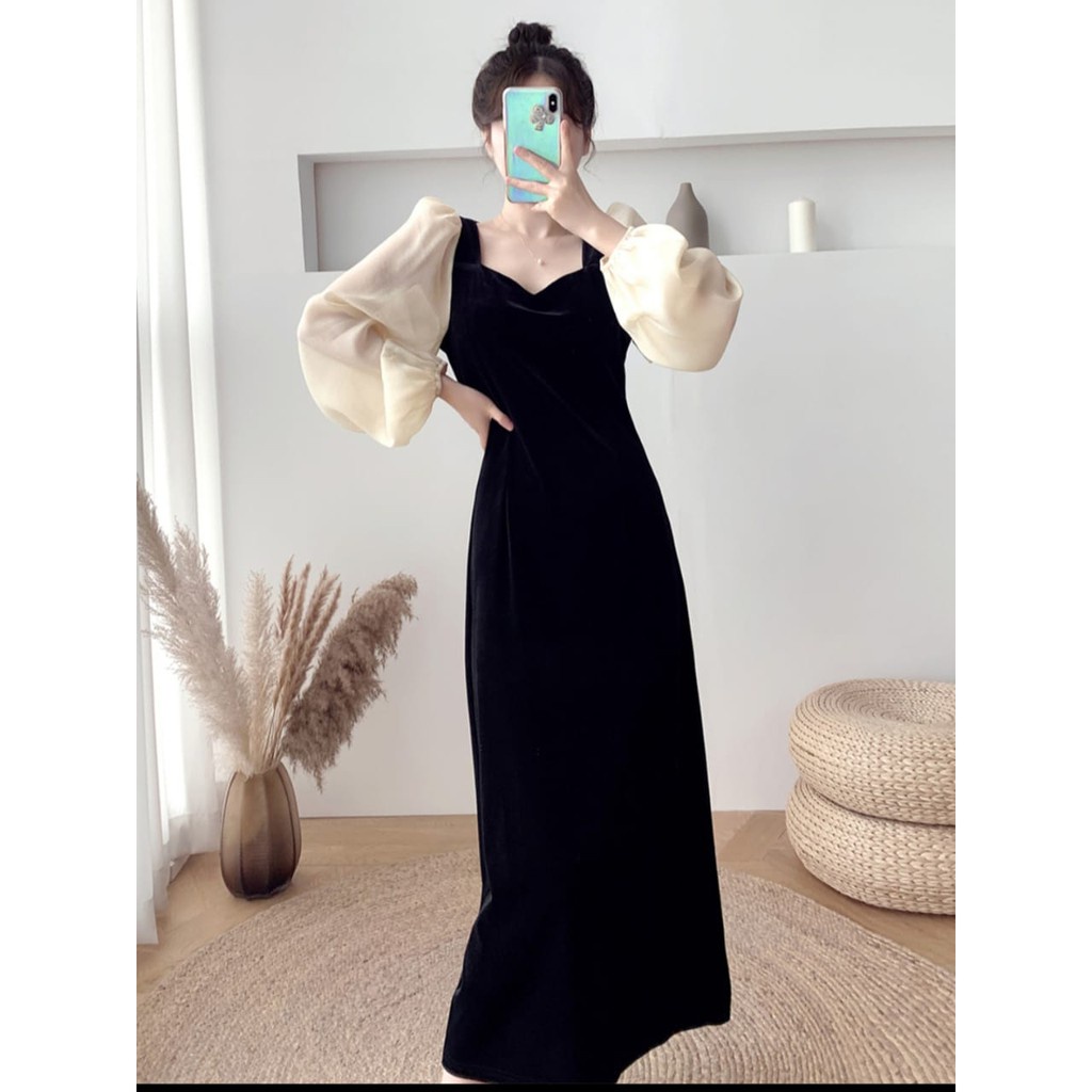 Pakaian baju Maxi dress dres gamis lengan panjang balon Velvet gaya Korea terlaris Korean style impo