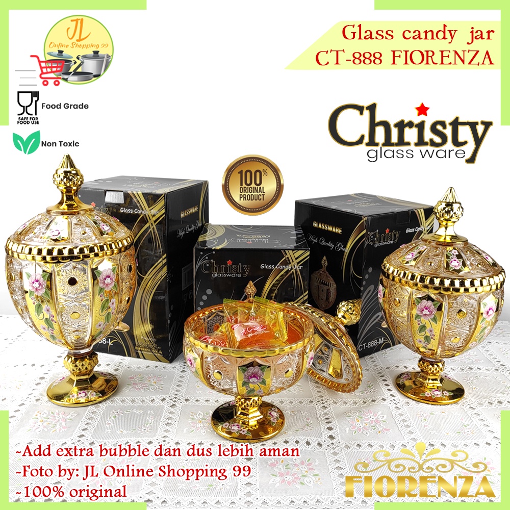 Toples kaca set 3 tempat permen snack motif golden dragon CHRISTY CT-888 FIORENZA / glass candy food