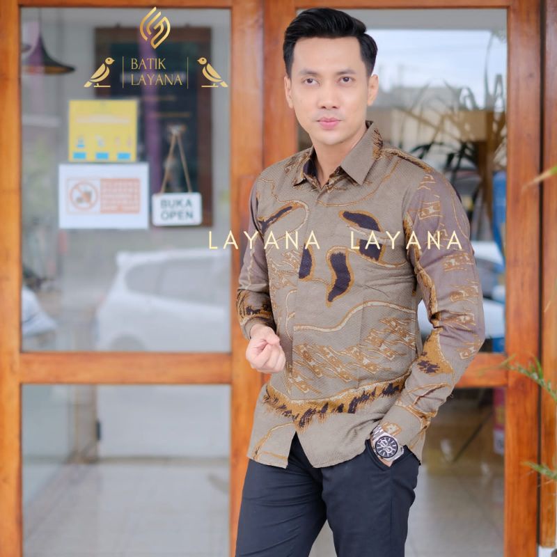 Kemeja Batik Bahan Dobby Premium Magetha Green Sage Brown Slimfit Baju Formal Nonformal