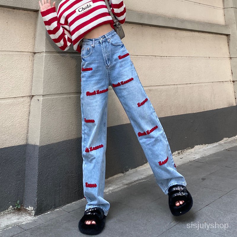 [✅BISA COD] #Sisjuly# Jeans Wanita 2023 Vintage Grey Huruf Bordir Jeans Longgar Kaki Lurus Pinggang