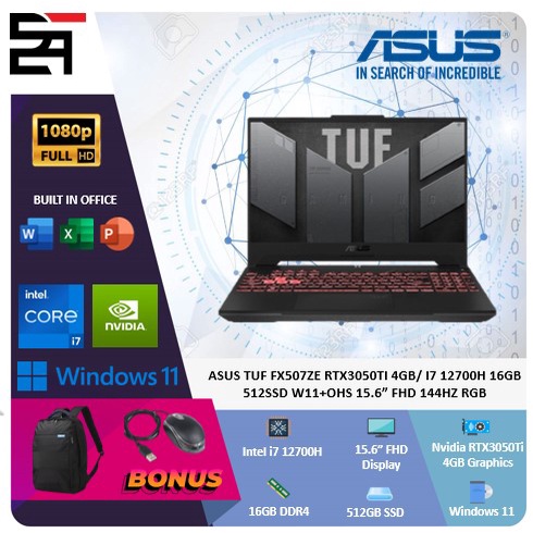 Asus Tuf FX507ZE RTX3050Ti-4GB i7 12700H 16GB 512GB SSD W11 OHS 15.6 Inchi FHD 144Hz