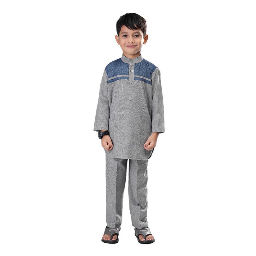 Baju Muslim Setelan Koko+Celana Anak Umur-Usia 6-8-10-12 Tahun / Stelan Anak Laki Laki Cowok Hijau-Abu