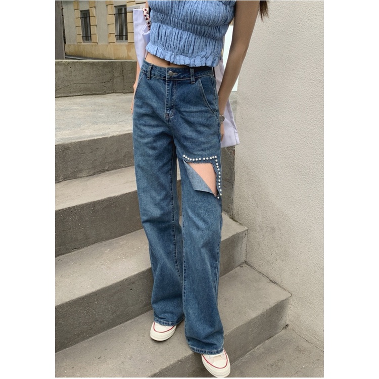 XIAOZHAINV  Celana Sobek Jeans Panjang Wanita jeans wanita high waist jeans Korean Style 1148