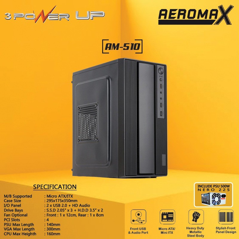 Power Up Casing AERO MAX AM-510 Mini Tower M-ATX With PSU 500w